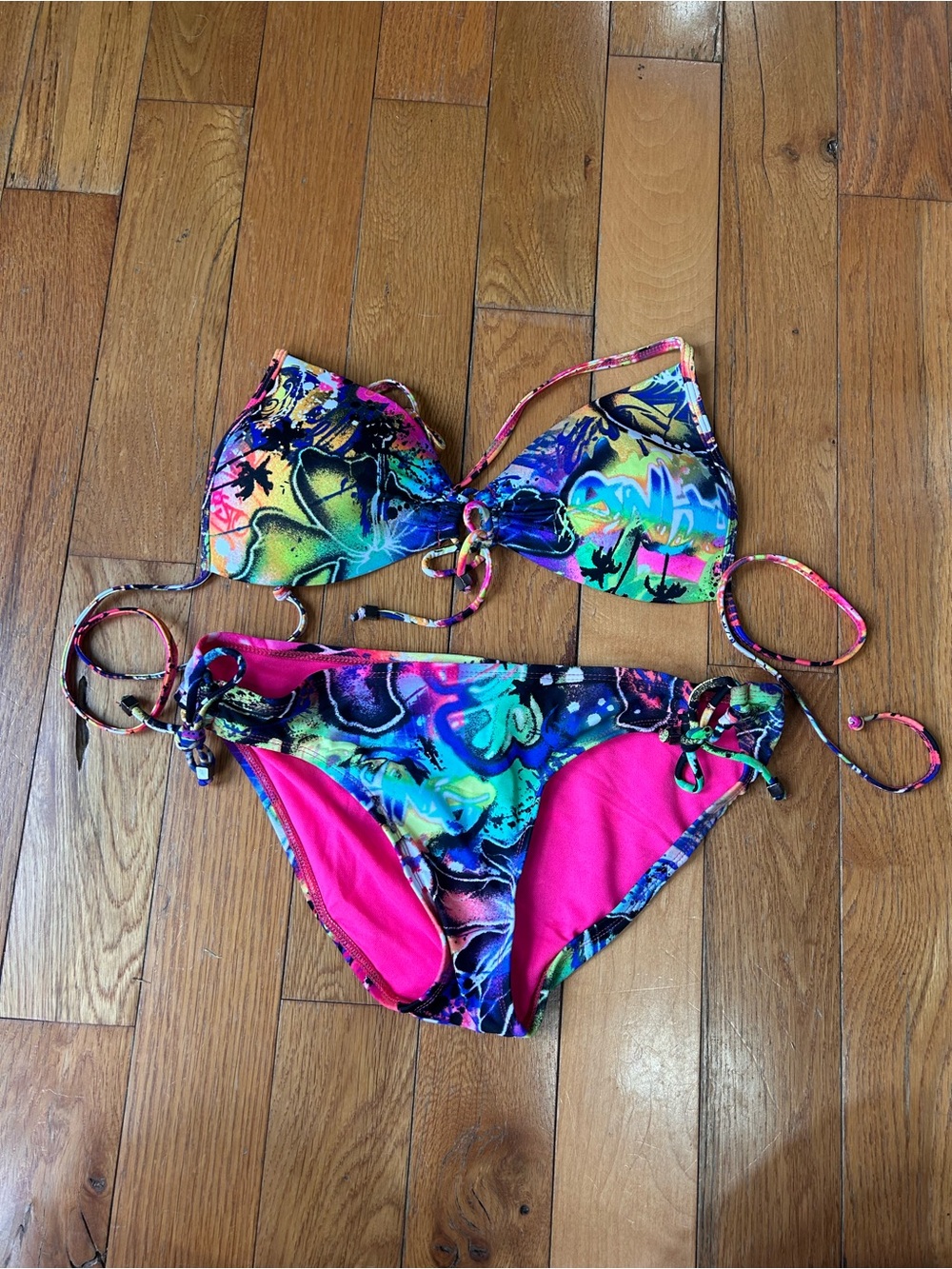 The Bikini Lab Neon Graffiti Multi-Color Tie Bikini M/L